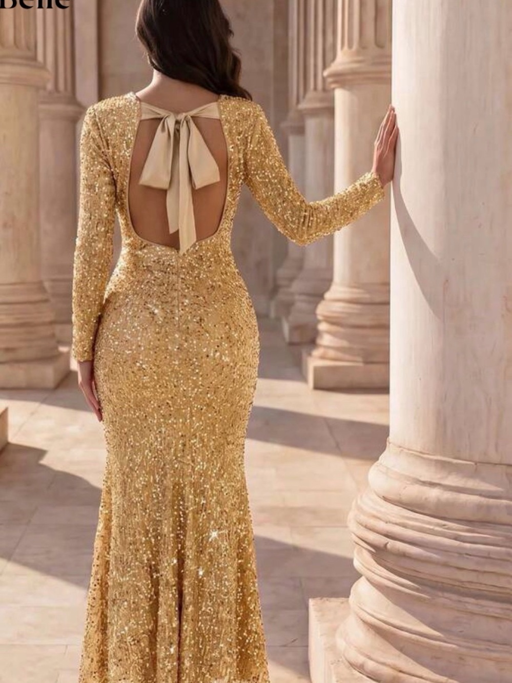 Elegant Gold Sequin Long-Sleeve Evening Gown with Back Bow